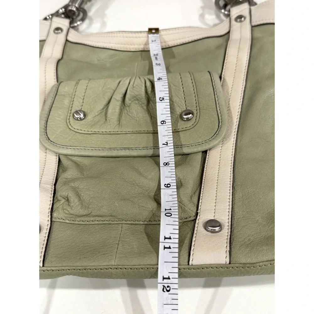 B Makowsky Leather Hobo Bag Sage Green Y2K Whipstitch Grommet Shoulder Purse
